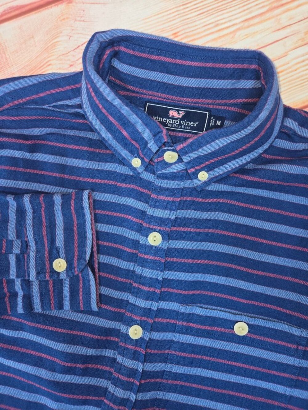 Vineyard Vines Mens Blue Striped Shirt Size Medium Cotton Linen
